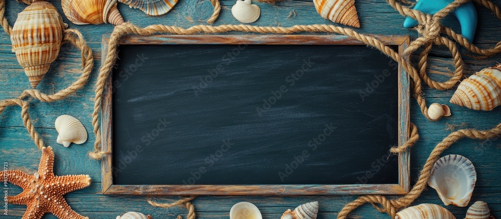Aufkleber sea travel frame decoration featuring seashells and rope on a wooden background with a blackboard. w