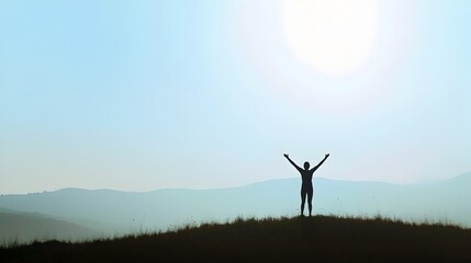 Silhouette of a person standing on a hilltop with their arms raised in a victorious pose symbolizing achievement success and personal growth  The figure is set against a peaceful