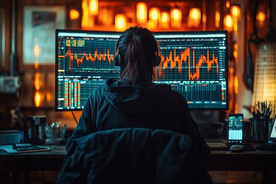 A person in a dimly lit room works on multiple monitors displaying complex financial charts, indicating focus on stock trading or financial analytics, useful for fintech or investment themes,