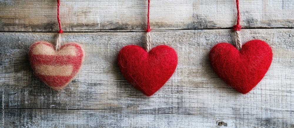 Poster valentine s card featuring a red felt heart with writing on an aged wooden board. with copy space im