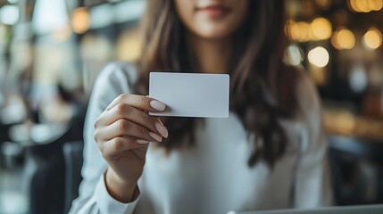 A woman holds a blank white card, ready for marketing or business purposes, with a cafe background adding a casual touch.
