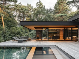 Fototapeta premium luxury swimming pool with wooden terrace