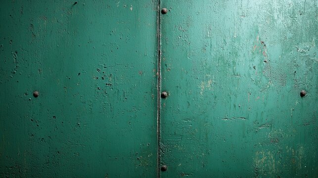 Textured green metal surface with visible wear and rust, evoking sense of age and character. 