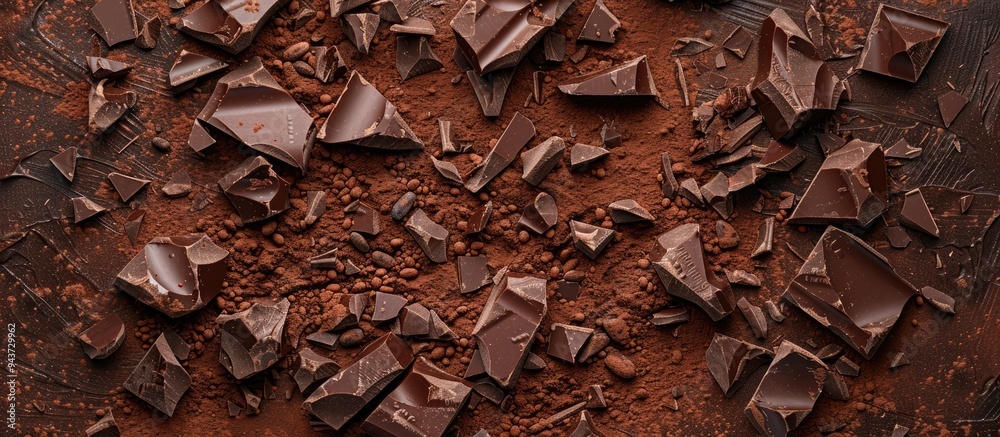 Aufkleber Crushed dark chocolate pieces and cocoa beans culinary backdrop top view. with copy space image. Place for adding text or design