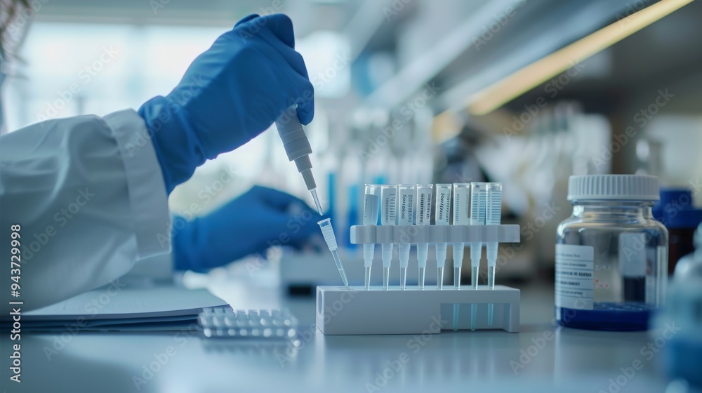 Poster Close-up of biotechnologist's hands preparing samples and using pipettes in a laboratory with a clean and organized workspace.