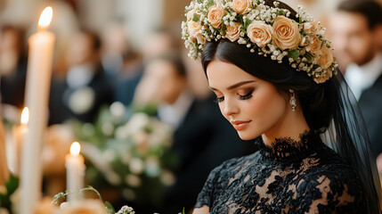 Gothic wedding bride in black lace candlelit altar