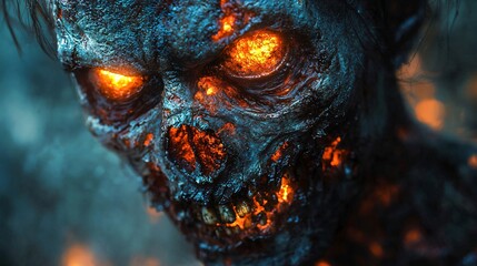 Halloween ghoul zombie with glowing eyes, perfect for spooky promotions, haunted house themes, or Halloween event decorations with copy space.