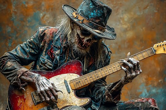 Halloween zombie musician playing guitar, perfect for Halloween party invitations, decorations, and themed events with copy space.