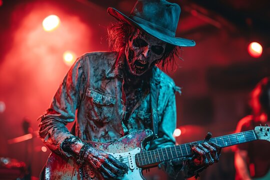 Halloween zombie musician playing guitar at a lively party, ideal for Halloween event promotions and themed gatherings, with copy space.