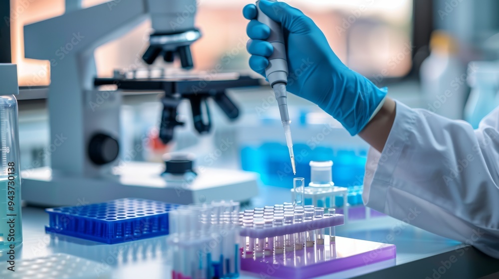 Poster Close-up of biotechnologist's hands preparing samples and using pipettes in a laboratory with a clean and organized workspace.
