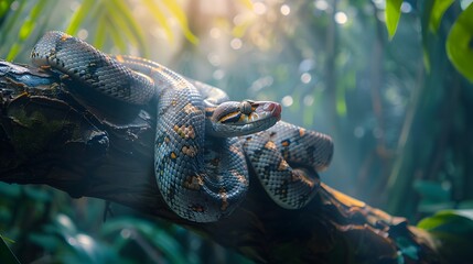 Coiled snake resting on lush rainforest tree branch scales glistening in sunlight