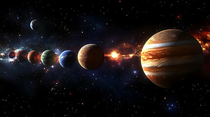 A row of planets in space with a large planet on the right and an explosion in the background.