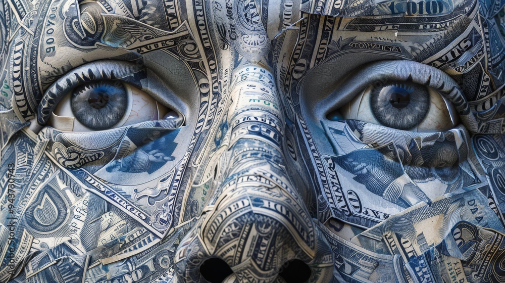 Poster Close-up of a face composed of intricate patterns of money, creating a visually striking and detailed composition