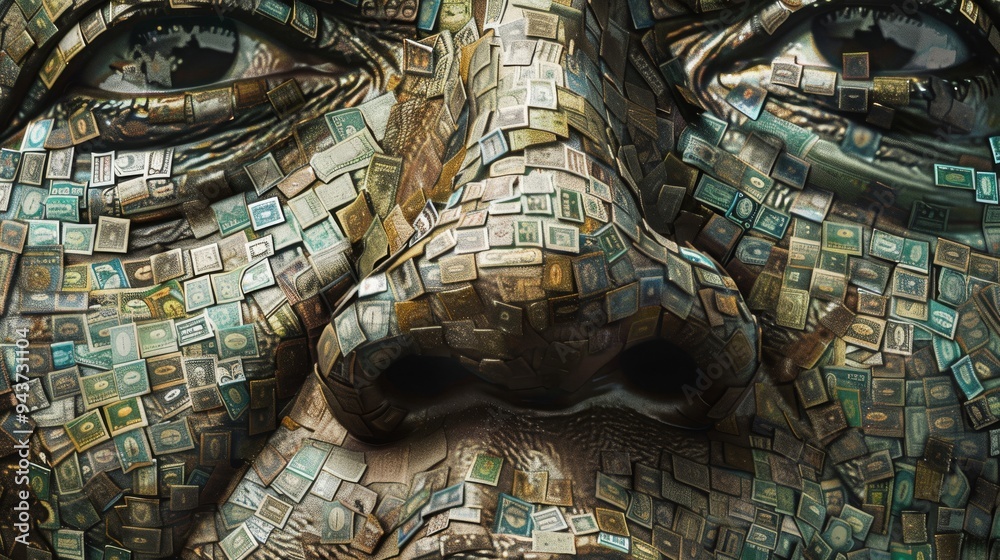 Poster close-up of a face created from a mosaic of money, highlighting the detailed fusion of currency into