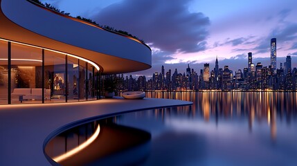 Fototapeta premium Modern architecture meets luxury with an infinity pool overlooking the city skyline at dusk, creating an elegant and serene retreat.