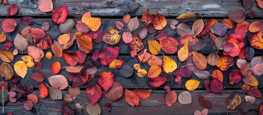 Poster Creative arrangement of vibrant autumn leaves on a weathered wooden surface A gradient of fall leaf colors Top view copyspace