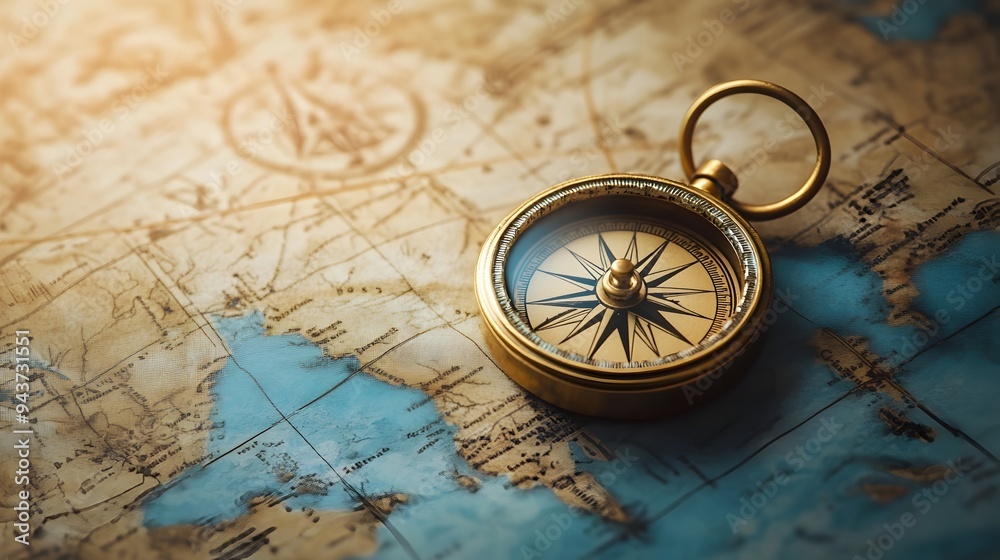 Poster a compass lying on a detailed map symbolizing direction guidance and the of new paths and destinatio