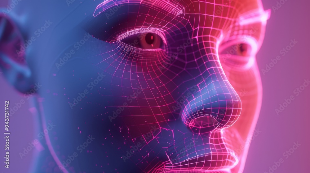 Leinwandbilder Close-up of facial features formed by high-tech AI elements, arranged against a minimalist and smooth background
