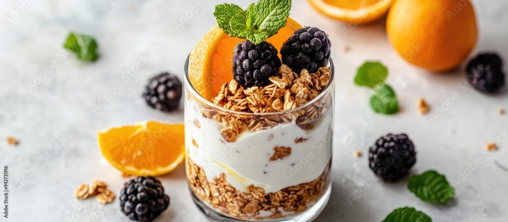Aufkleber vegan healthy breakfast option yogurt and granola topped with fresh blackberries oranges and mint in
