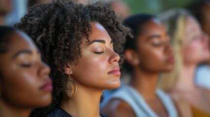 Obraz premium group meditation session, a transgender therapist leads a guided visualization in a cozy wellness center, bringing peace and serenity to a diverse group of attendees