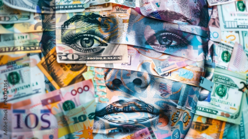 Poster collage of banknotes forming an expressive face, with detailed textures and patterns that reflect fi