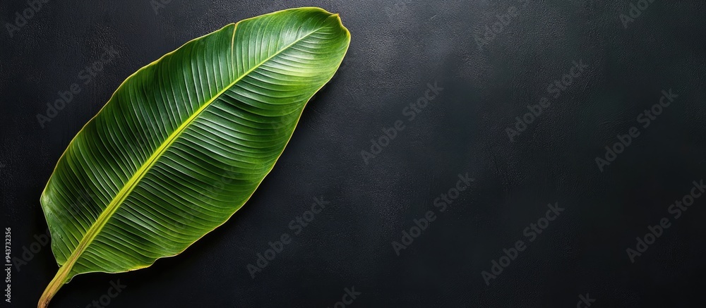 Poster banana leaf for serving food banana leaf set against a black background top view with copy space for