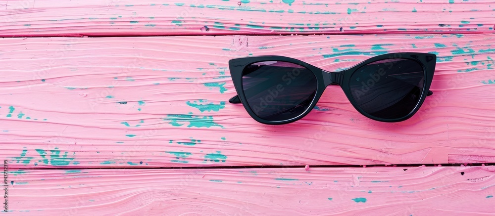 Aufkleber Summer abstract background mockup template free copy space for text pattern sample from a top view on a pink wooden board Blank area available for inscription A pair of stylish black sunglasses