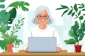 A cute and happy older woman sits at her laptop, surrounded by plants in the background. The style is a flat illustration with simple shapes and soft colors. She has short gray hair and glasses. 