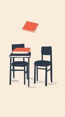 Fototapeta premium Two chairs and a table hold a stack of books, with one book floating above, highlighting the back to school theme in a minimalist style