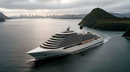 Futuristic Cruise Ship A Visionary Design of the Next-Next-Generation Cruise Liner Blending Cutting-Edge Technology with Luxurious Comfort Set Against a Majestic Oceanic Landscape