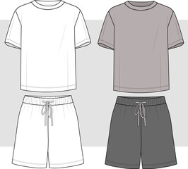 Mens T Shirt and short set flat sketch illustration, Set of short sleeve t shirt casual wear fashion illustration drawing template mock up
