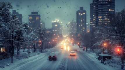 Fototapeta premium A serene winter scene on an urban street at twilight with cars covered in fresh snow, illuminated by glowing headlights and street lamps as gentle snowflakes fall.