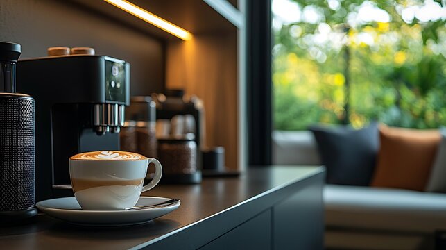 A latte with intricate art sits on a countertop in a modern kitchen, blending artistry with the perfect morning brew.