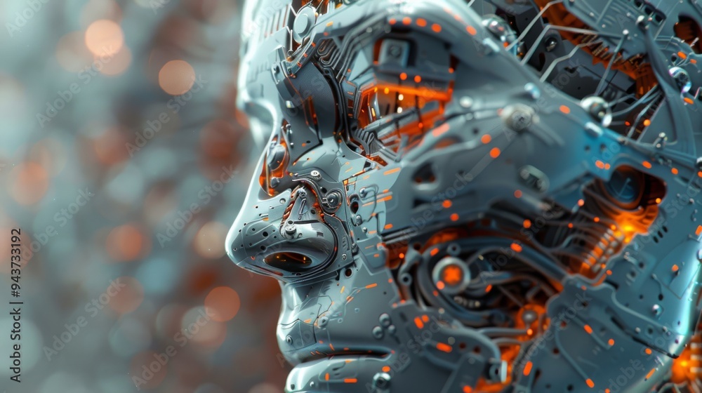 Poster Complex AI components assembling into a face, detailed and vivid, with a pure, clean background