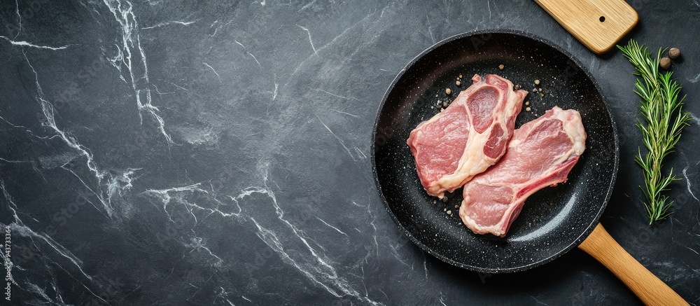 Aufkleber Black marble frying pan with raw meat and a wooden spatula on a gray table background top view. with copy space image. Place for adding text or design