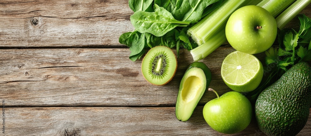 Aufkleber A variety of fresh green vegetables kiwi spinach avocado apple lime and celery on a rustic wooden surface Top view. with copy space image. Place for adding text or design