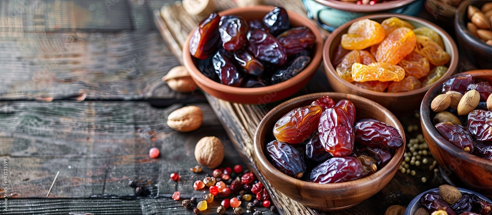 Poster bowls filled with dried dates on a light background. with copy space image. place for adding text or