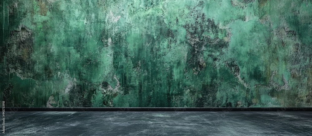 Poster A black and green wall backdrop in a dar style featuring a green wall with a green painted background along with an abstract texture resembling handmade concrete or plaster. with copy space image