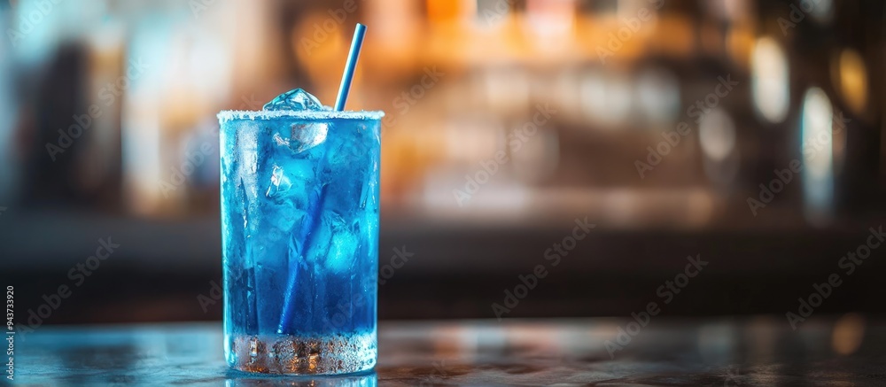 Poster blue jack frost cocktail in a glass toned selective focus. with copy space image. place for adding t