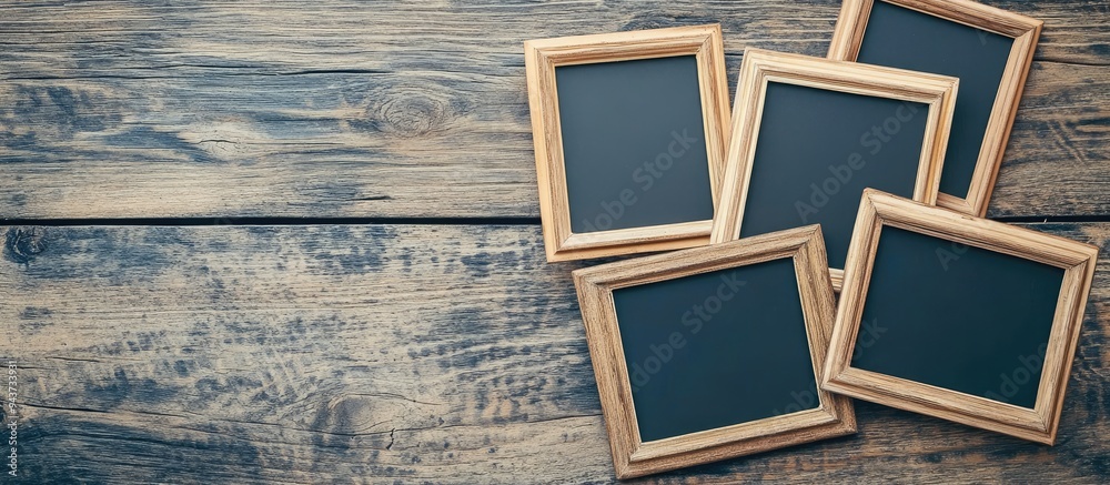 Poster retro vintage empty photo frames on an old wooden background top view with copyspace toned concept