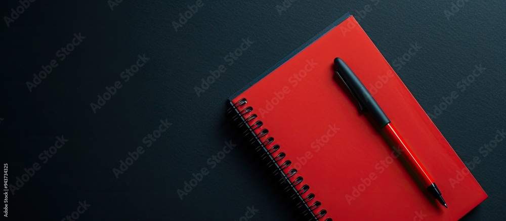Aufkleber Empty open notebook with a red pen on a black table top view Desk organizer Spiral notepad on a clear desk flat lay. with copy space image. Place for adding text or design