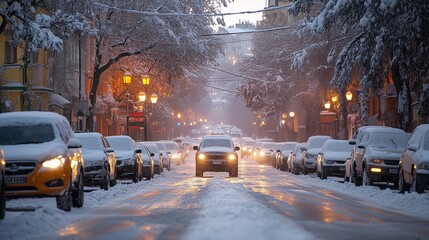 Fototapeta premium A serene winter scene on an urban street at twilight with cars covered in fresh snow, illuminated by glowing headlights and street lamps as gentle snowflakes fall.