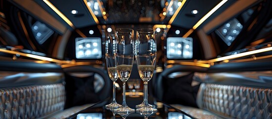 Fototapeta premium Empty champagne glasses inside a limousine. with copy space image. Place for adding text or design