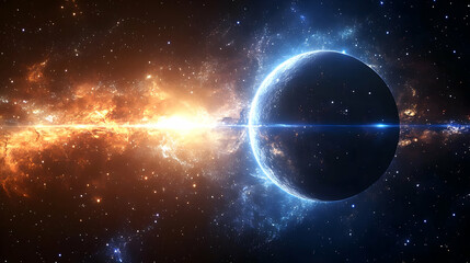 Obraz premium A single planet in a cosmic ocean with fiery and icy glows.