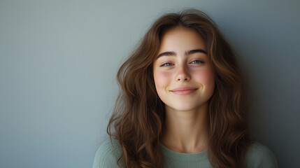 Naklejka premium A young woman with a radiant smile stands in the warm glow of the setting sun, her joyful expression a testament to the simple pleasures of life, capturing a moment of pure happiness and contentment