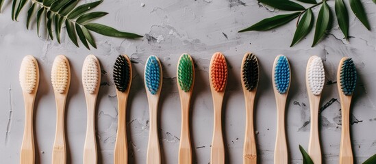 Collection of eco friendly bamboo toothbrushes Selecting a toothbrush Dental care Global eco trends. with copy space image. Place for adding text or design