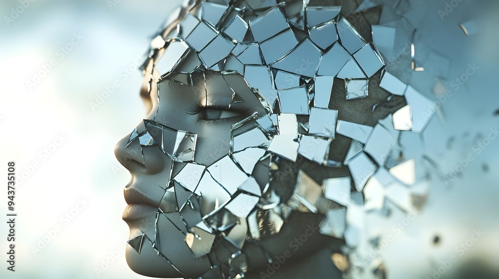 Poster shattered mirror reflecting different emotions and symbolizing the complexity of self identity fragm