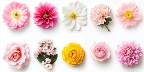 An exquisite collection of different beautiful flowers displayed on a white background, each bloom meticulously detailed, showcasing the vibrant colors and delicate beauty of nature’s finest floral cr