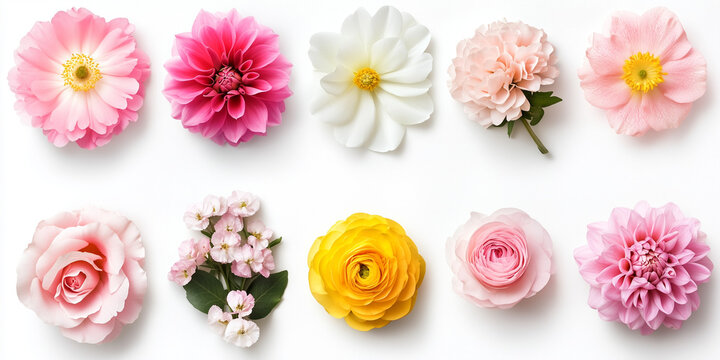 An exquisite collection of different beautiful flowers displayed on a white background, each bloom meticulously detailed, showcasing the vibrant colors and delicate beauty of nature&rsquo;s finest floral cr