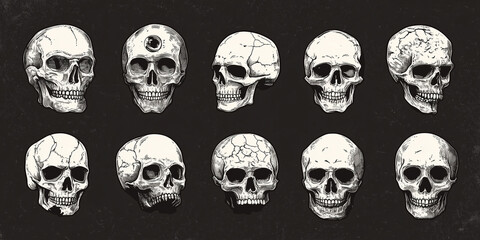 Illustration set of eight skulls, each designed in a unique artistic style, offering a diverse exploration of this powerful symbol, perfect for use in creative projects, educational materials, or them